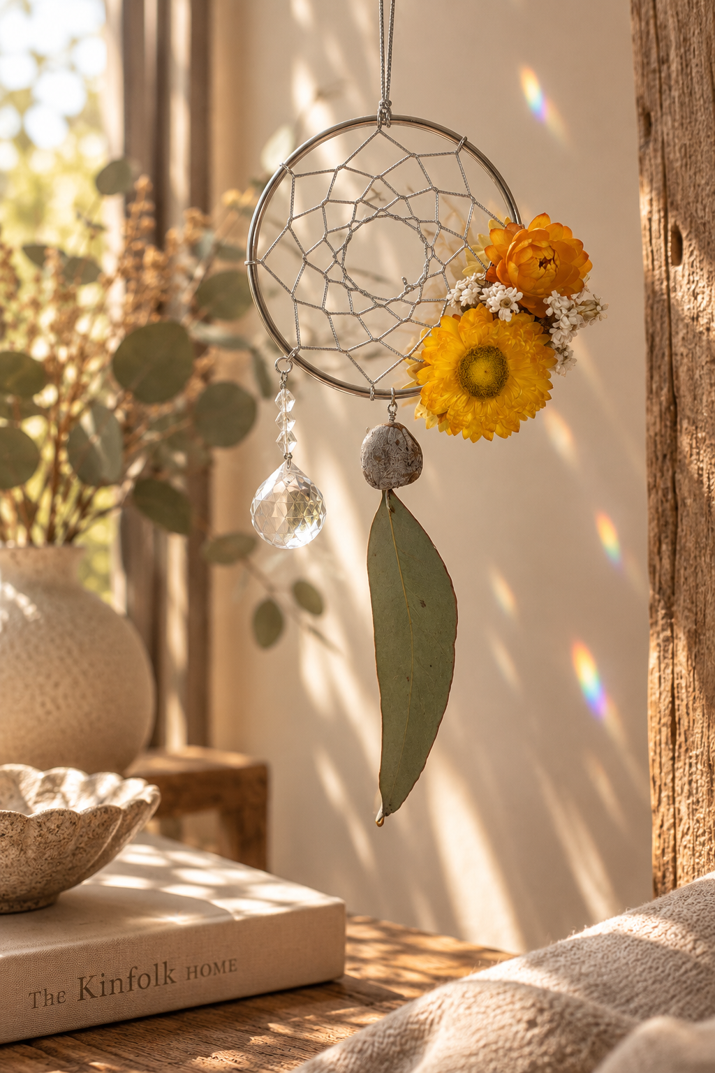 gorgeous bright handmade dreamcatcher in yellows and silver